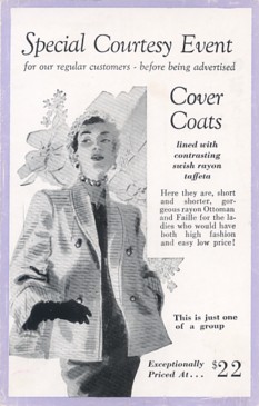 Featured is a vintage early 1950's promotional postcard for "cover coats"...one vintage ladies' outerwear favorite.  The original postcard is for sale in The unltd.com Store. 
